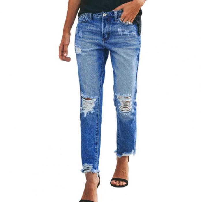 2021 Women Jeans Ripped Tassels Pockets Summer Solid Color Distressed Trousers Streetwear Stretchy Denim Pants for Daily Wear