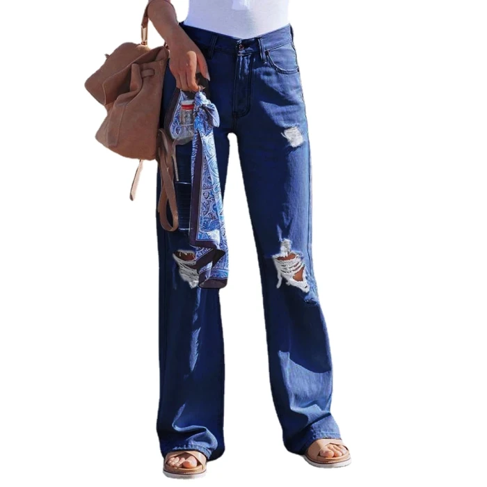 2021 Autumn New Y2K Jeans High Waist Ripped Wide Leg for Women Blue Wash Casual Cotton Denim Trousers Female Baggy Jean Pants