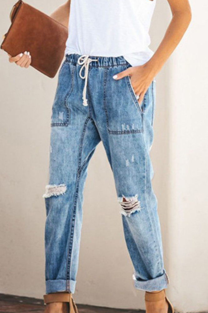Women's Clothing Casual Elastic Waist Jeans Drawstring Ripped Denim Trouser Lady Temperament Pocket Straight-Leg Harem Pants