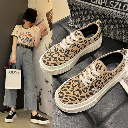 2021 Spring Women's Shoes Thick Bottom Lace Up Round Toe Korean Fashion Students Platform Ladies Shoes Leopard Casual Shoes