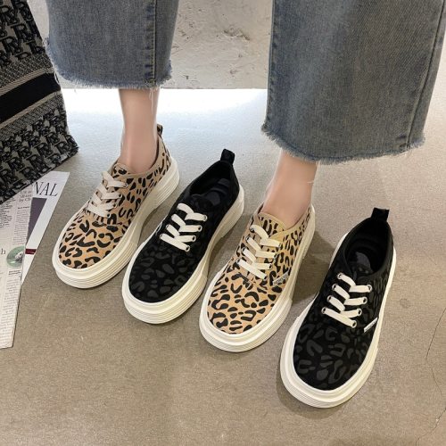 2022 Spring Women's Shoes Thick Bottom Lace Up Round Toe Korean Fashion Students Platform Ladies Shoes Leopard Casual Shoes