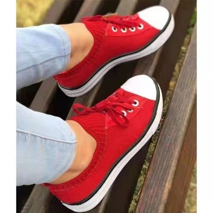 Spring Autumn Casual Flats Soft-soled Round Toe Knit Elastic White Shoes Ladies's Large Size Lace-up Canvas Shoes Single Shoes