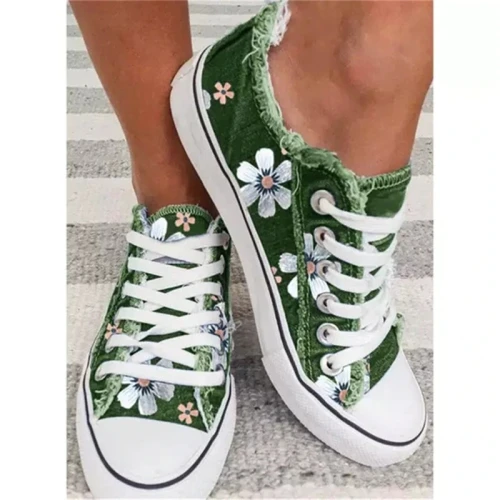 New Women Comfortable  Denim Canvas Flats Flower Vulcanized Female Summer Fashion Lace-up Sneakers Ladies Casual Shoes