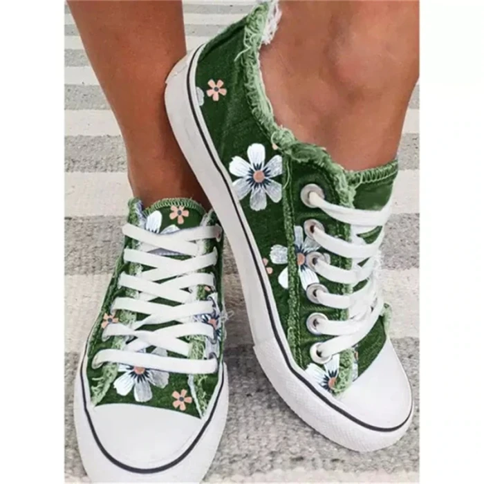 New Women Comfortable  Denim Canvas Flats Flower Vulcanized Female Summer Fashion Lace-up Sneakers Ladies Casual Shoes