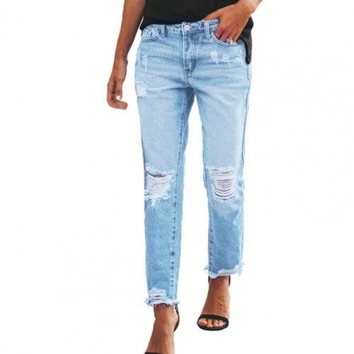 2021 Women Jeans Ripped Tassels Pockets Summer Solid Color Distressed Trousers Streetwear Stretchy Denim Pants for Daily Wear