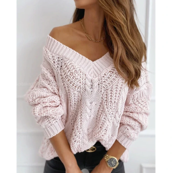 Women V Neck Hollow Out Ribbed Knitted Sweaters