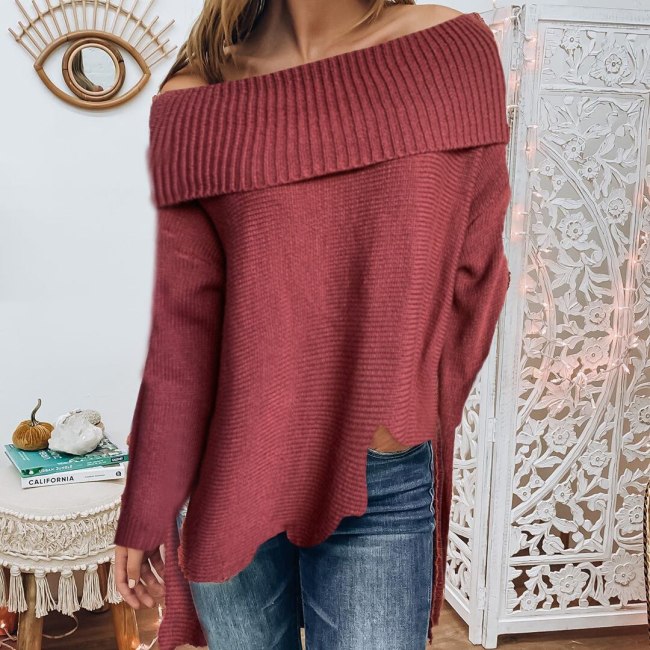 Non-standard Hem Sweater Women's One-way Neck Strapless Sexy Split Pullover Long-sleeved Solid Color Knitted Pullovers