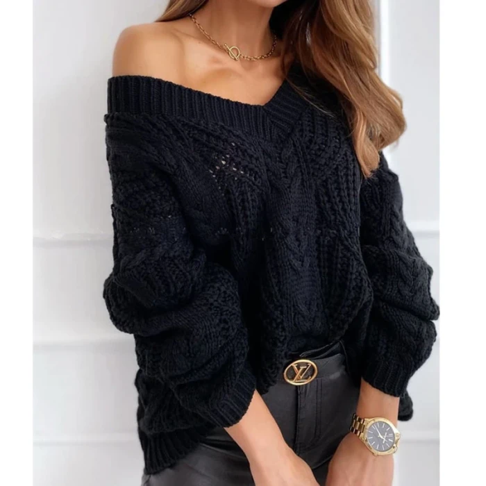 Women V Neck Hollow Out Ribbed Knitted Sweaters