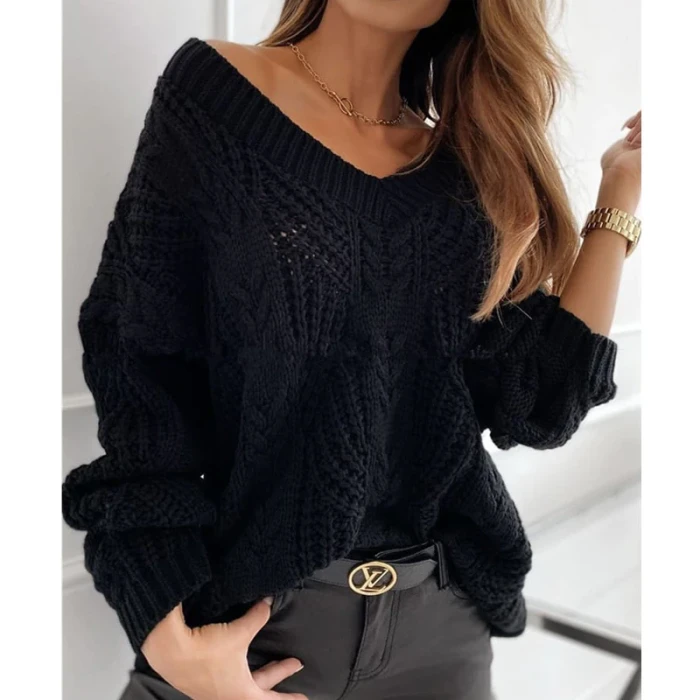Women V Neck Hollow Out Ribbed Knitted Sweaters