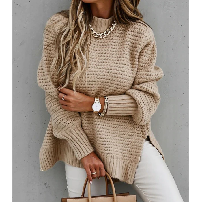 Simple Fashionable Winter New Semi-High Collar Solid Color Sweater Warm Casual Loose Side Slit Black Beige Women Sweater