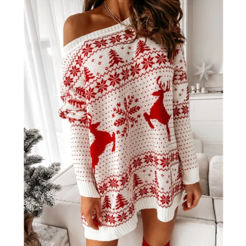 2021 Women Christmas Sweater Dress Autumn Winter Long Sleeve Off Shoulder Kniteed Casual Pullover Oversized Fashion Jumper