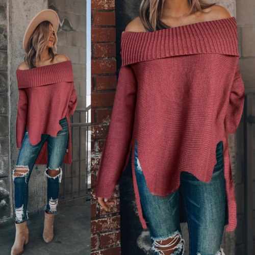 Non-standard Hem Sweater Women's One-way Neck Strapless Sexy Split Pullover Long-sleeved Solid Color Knitted Pullovers