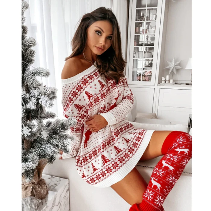 2021 Women Christmas Sweater Dress Autumn Winter Long Sleeve Off Shoulder Kniteed Casual Pullover Oversized Fashion Jumper