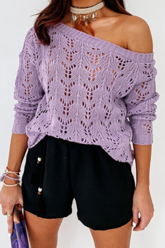 Women Solid Hollow Out Design Knitted Sweater