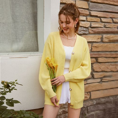 2021 New Sweater Coat Women's Solid Color Casual Cardigan Loose Knitted Buttoned Cardigan V-Neck Oversized Cardigan Outwear