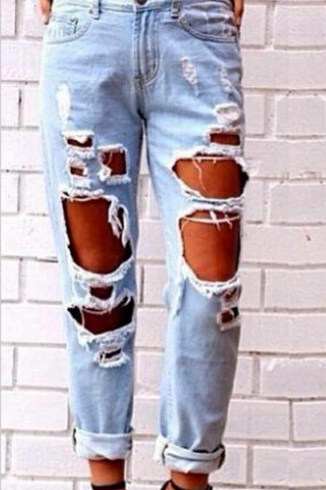 2021 Newest Style Women's Sexy Women's Summer Waist High Pants Jeans Destroyed Torn Cool Slim Pants Jeans Blue Pants