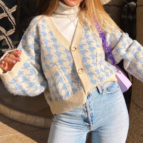 Houndstooth Cardigan Women Plaid Print Sweater Autumn V Neck Vintage Knitted Crop Top Sweater Casual Loose Knitwear Winter Coat
