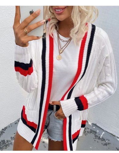 2021 Autumn and winter new women's half-length striped pocket V-neck fashion long-sleeved knitted cardigan