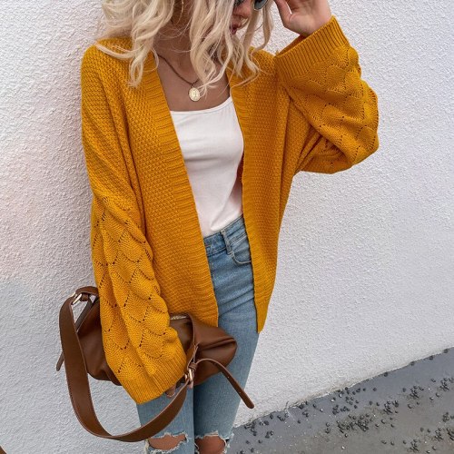 Autumn Black knitted cardigans for womens 2021 winter new V-neck casual solid color midi hollow sweater women cardigan Full