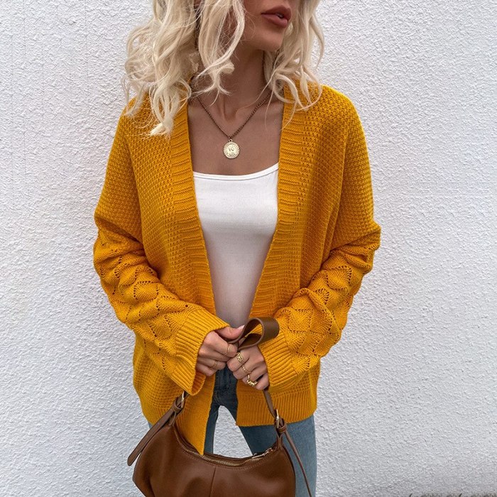 Casual Solid Color Midi Hollow Knitted Cardigans for Women