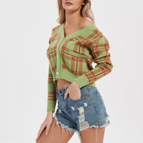 Womens Plaid Knit Cropped Long Sleeve Oversized Cardigan Sweater Jacket Fall Fashion Green Striped Sexy V-neck Button Cardigan