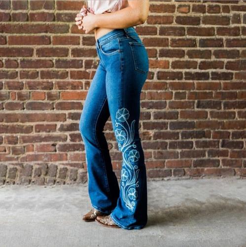 European style New autumn high waist embroidered denim pants ladies slim was thin flared trousers plus size 3xl