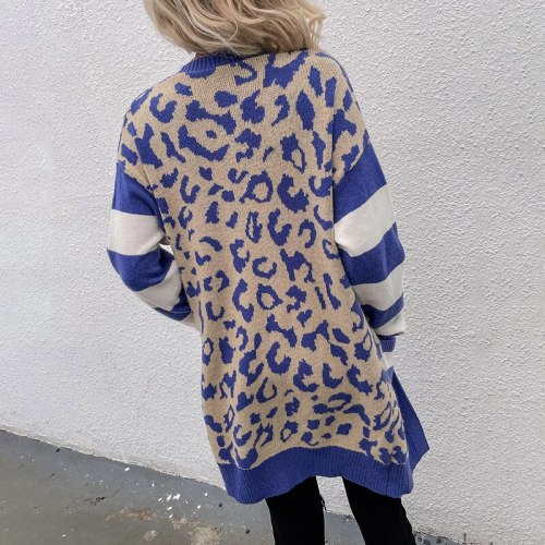 New Arrival 2021 Autumn Winter Leopard Print Knitted Long Cardigan Women Fashion Striped Patchwrok Sweater Coat