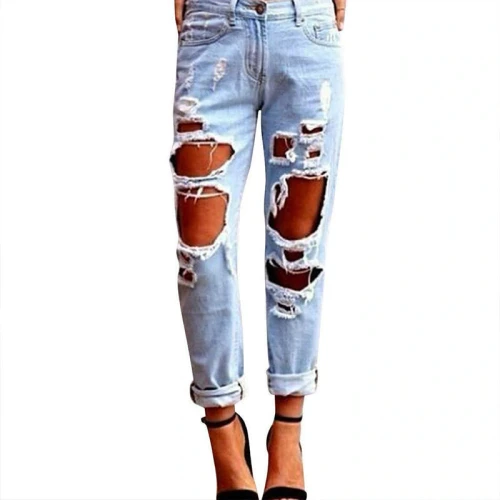 2021 Newest Style Women's Sexy Women's Summer Waist High Pants Jeans Destroyed Torn Cool Slim Pants Jeans Blue Pants