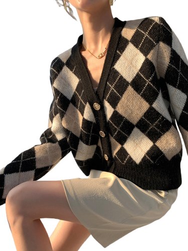 Women Short Knitted Cardigan Girls Autumn Black Rhomboid Pattern Long Sleeve Buttons Open Front Coat