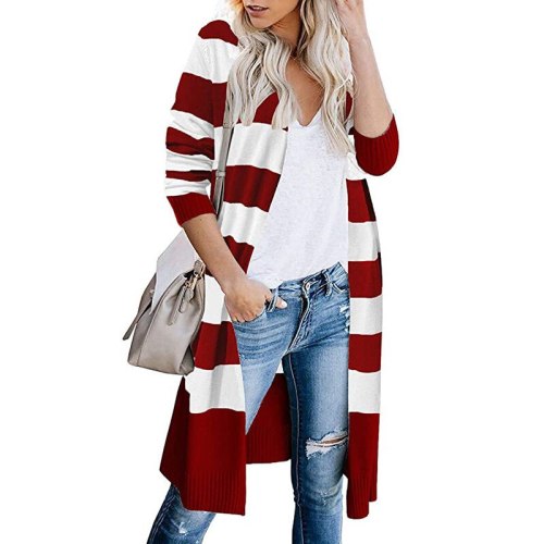 Stripe Long Cardigan Women Sweater Autumn Winter Casual Long Sleeve Color Block Loose Knit Outwear Lady Open Front Long Sweater