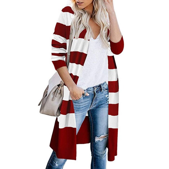 Women Loose Knit Stripe Long Cardigan