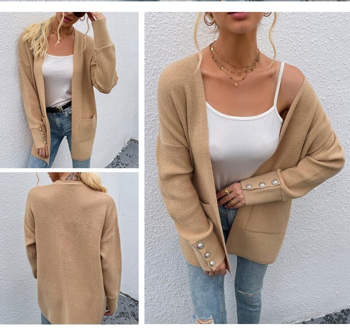 Women's Solid Color Long Knitted Button Cardigan