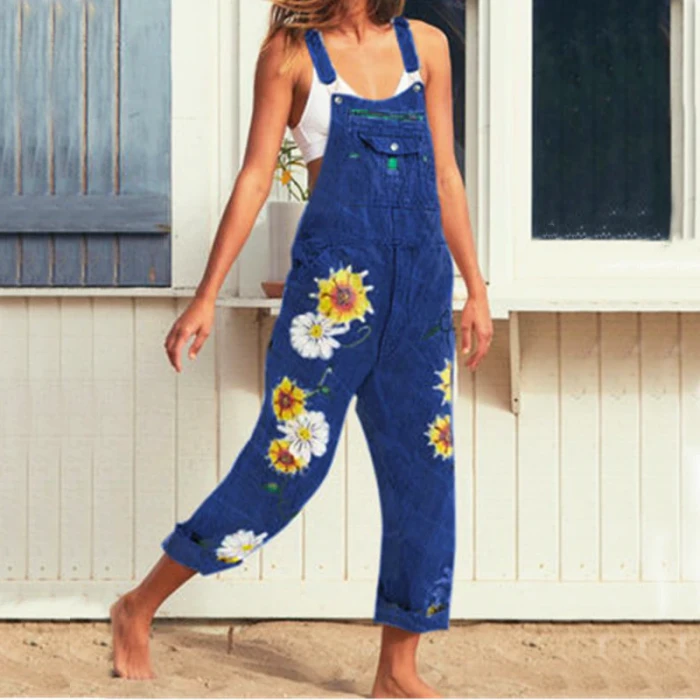 Jeans for Women European/American Ladies Printed Suspenders New Maiden Big Pocket Pants Overalls Mid Waisted Jeans