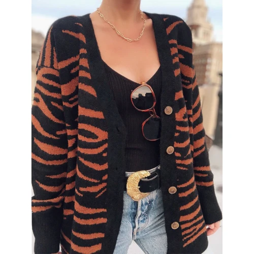Women Striped Pattern Knitted Cardigan