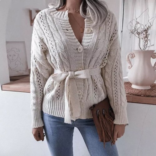 Winter Women Buttons Open Front Sweater with Waistband Solid Color Knitted Cardigan White Ginger Purple