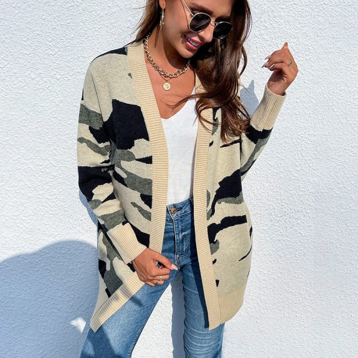 Women Camouflage Printed Patchwork Casual  Cardigan