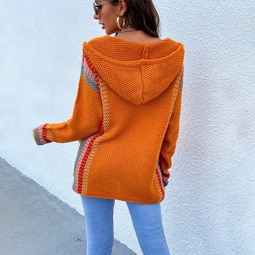 Women Hooded V-neck Striped Knitted Sweater