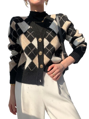 Women Short Knitted Cardigan Girls Autumn Black Rhomboid Pattern Long Sleeve Buttons Open Front Coat