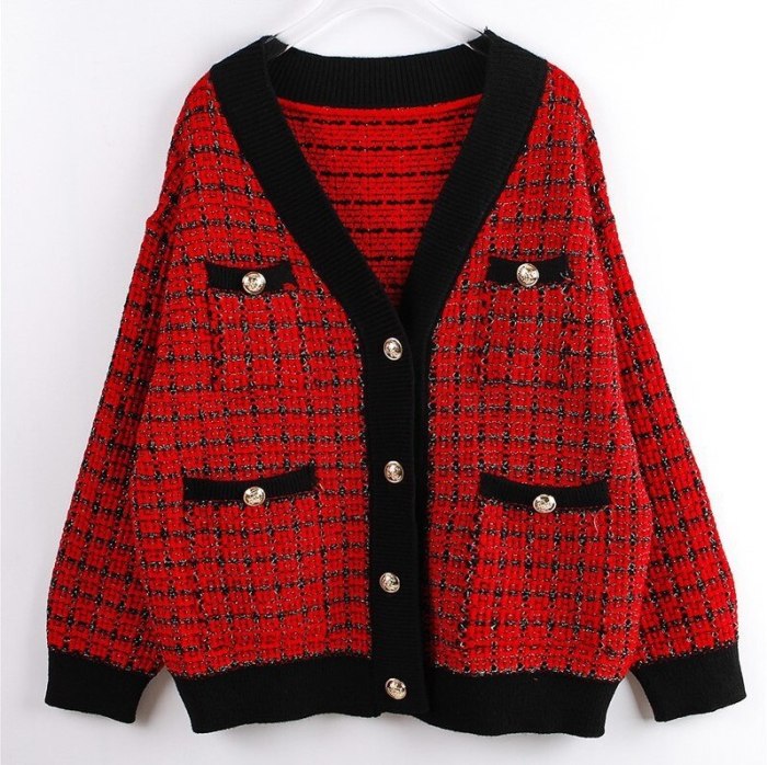 Long Sleeve Knitted Cardigan Women Plaid Loose Korean Ladies Sweater 2021 Spring And Autumn Oversized Jumper Casual