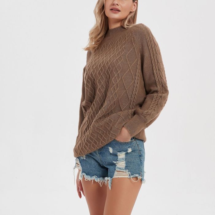 Elegant Khaki Loose Lantern Sleeve Mid-length Sweater
