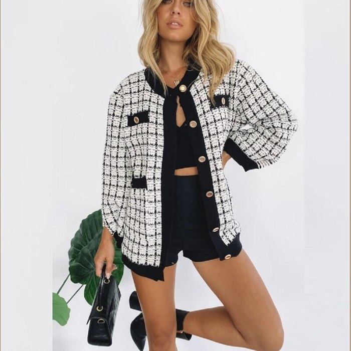 Long Sleeve Knitted Cardigan Women Plaid Loose Korean Ladies Sweater 2021 Spring And Autumn Oversized Jumper Casual