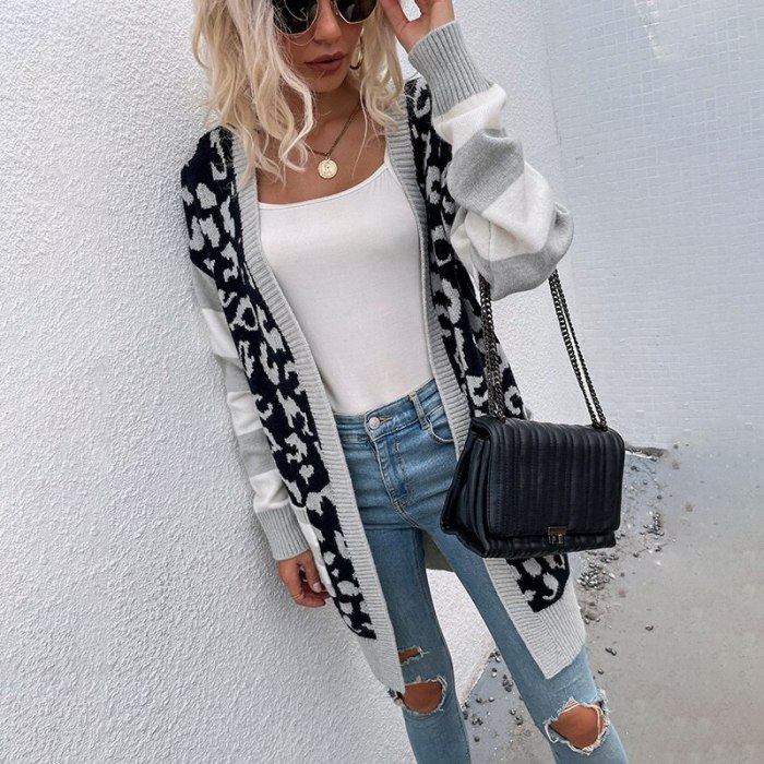 Autumn Leopard Print Knitted Striped Patchwrok Cardigan
