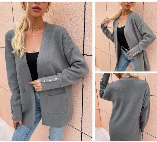 Fall 2021 New Fall Shoulder Casual Sweater Jacket Women's Cardigan Solid Color Long Knitted Button Cardigan Top