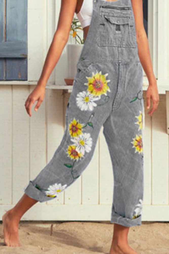 Jeans for Women European/American Ladies Printed Suspenders New Maiden Big Pocket Pants Overalls Mid Waisted Jeans