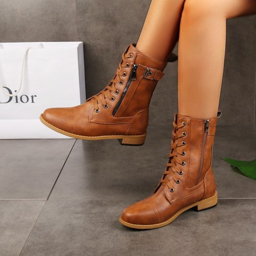 Ladies Zipper Round-toe Low-heel Mid-Calf Boots