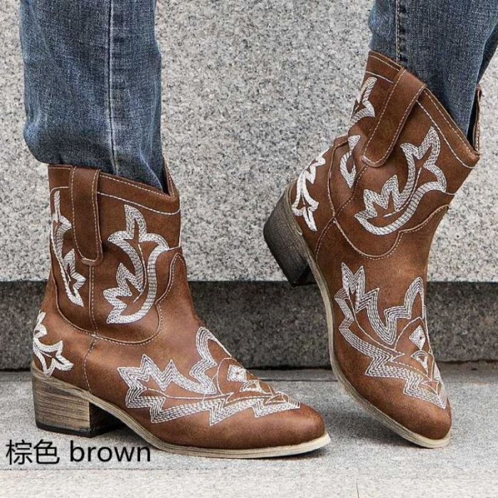 Women Fashion Pu Embroidered Square Heel Ankle Boots