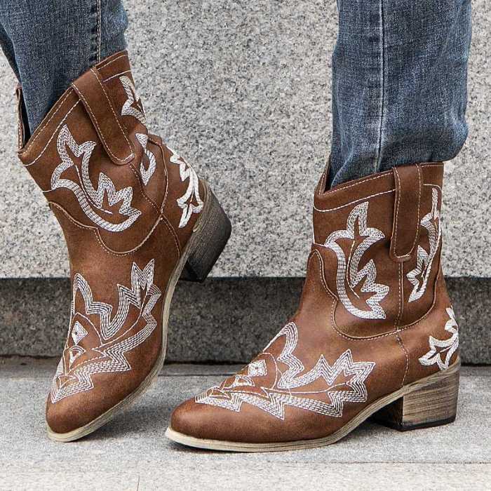 Women Fashion Pu Embroidered Square Heel Ankle Boots