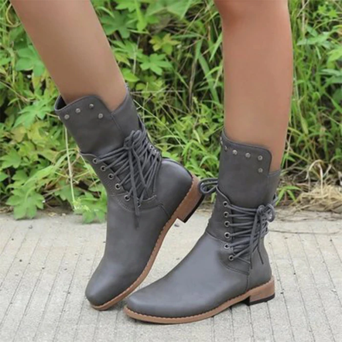 Woman Lace Up Rivet Low Heels Leather Boots