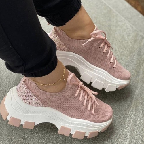 2021 Women Bling Wedges Sneakers Vulcanized Female Platform Lace-up Sport Shoes Ladies  Summer Casual Comfort Footwear Plus Size