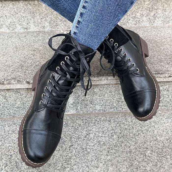 New Round Toe Square Heel Lace-up Boots